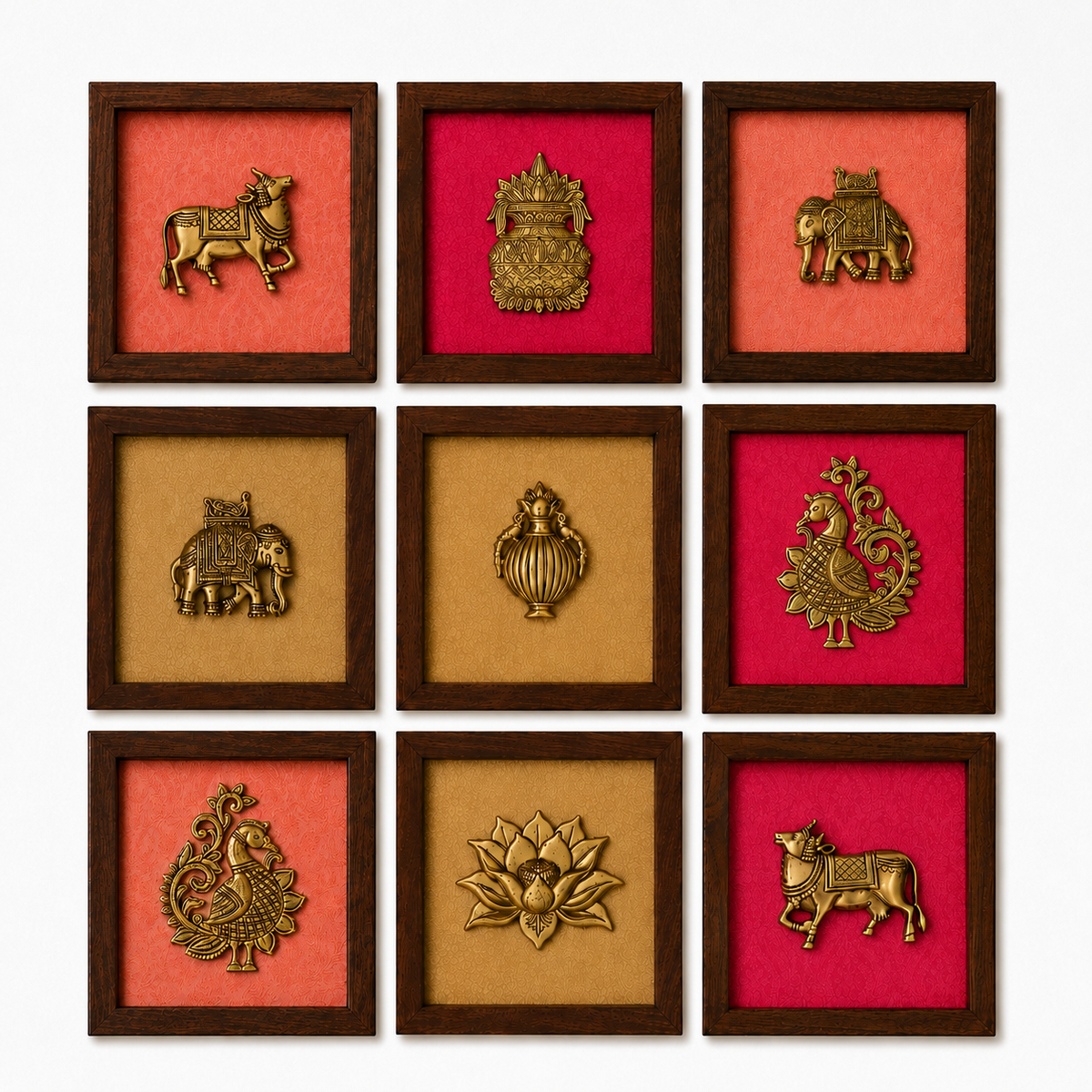 Set of Nine Brass Figurines Wooden Wall Frames