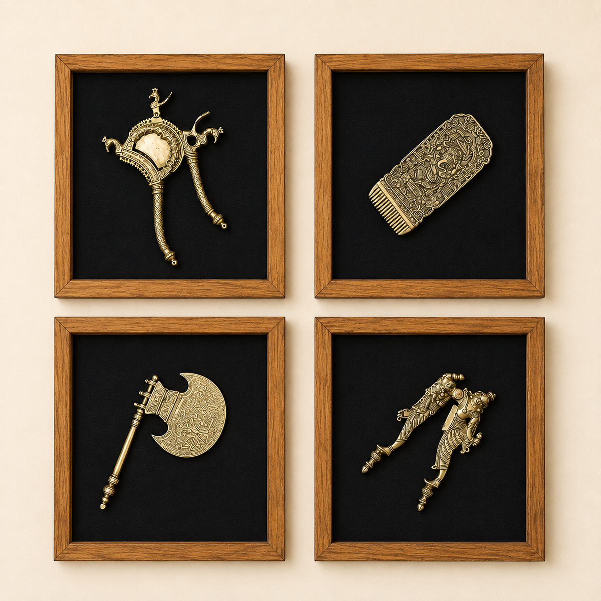 Framed Wall Art -Brass Nutcrackers, Panka & Ganesh Comb