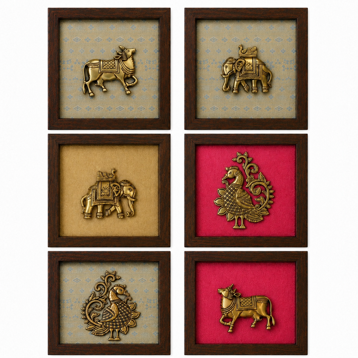 Set of Six Brass Figurines Wooden Wall Frames