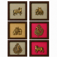 Set of Six Brass Figurines Wooden Wall Frames