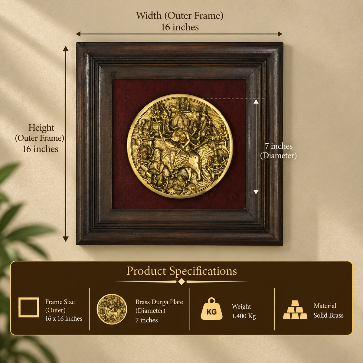 Brass Durga Plate In Wooden Frame