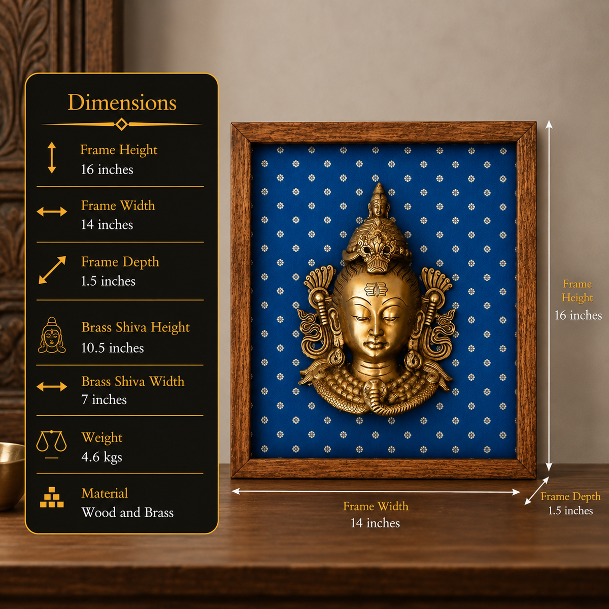 Brass Shiva Mask In Wooden Frame