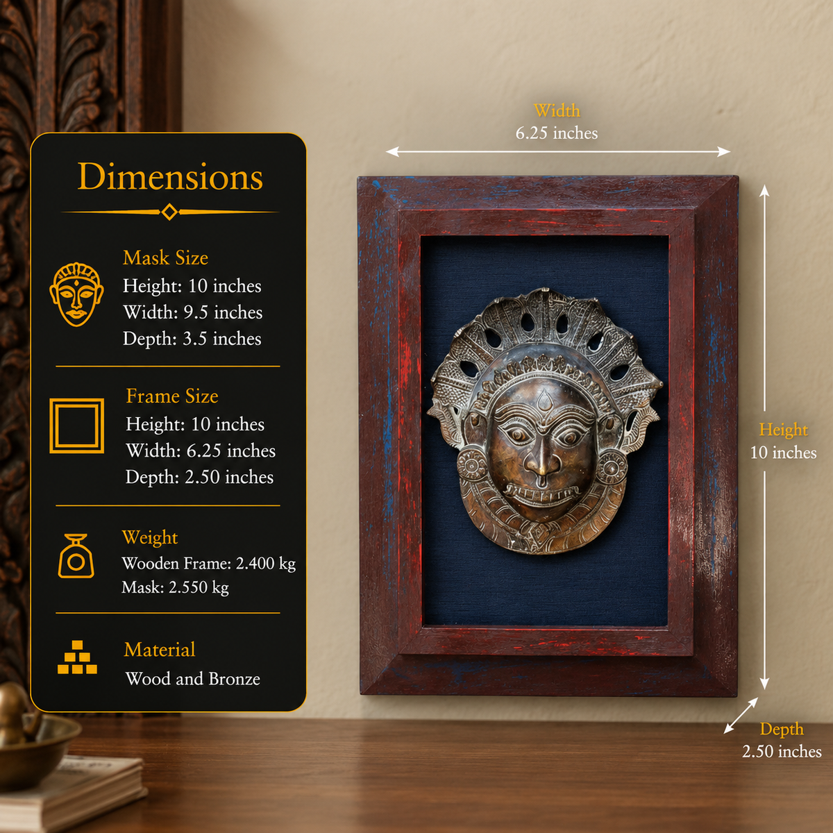 Wooden Frame With Bronze Panjurli Bhuta Mask