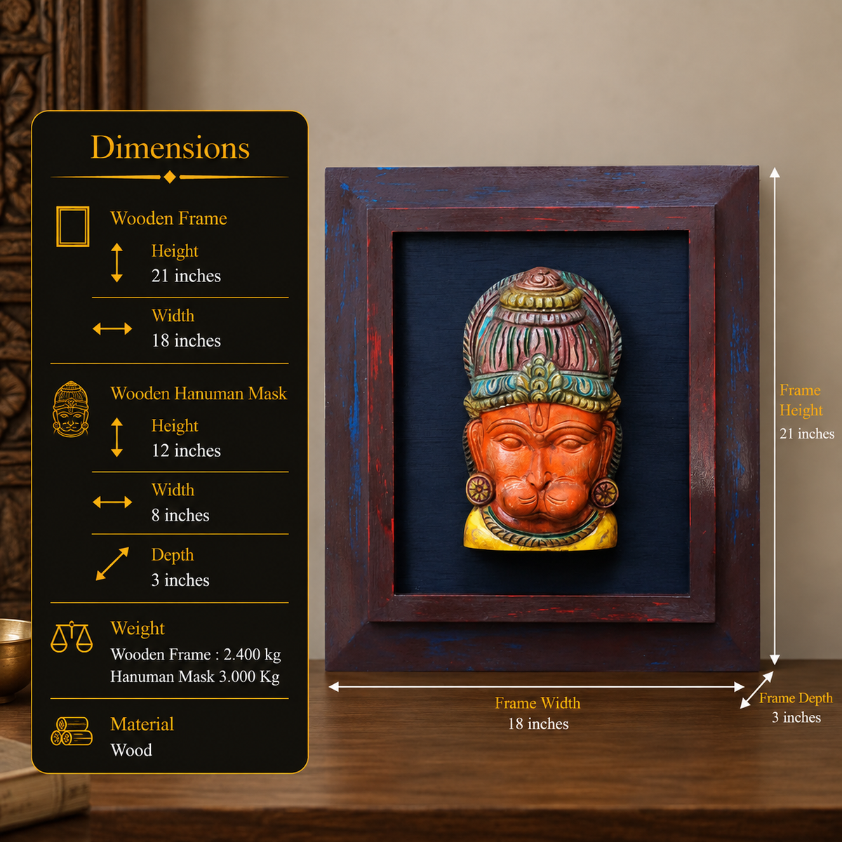 Wooden Hanuman Mask With Frame