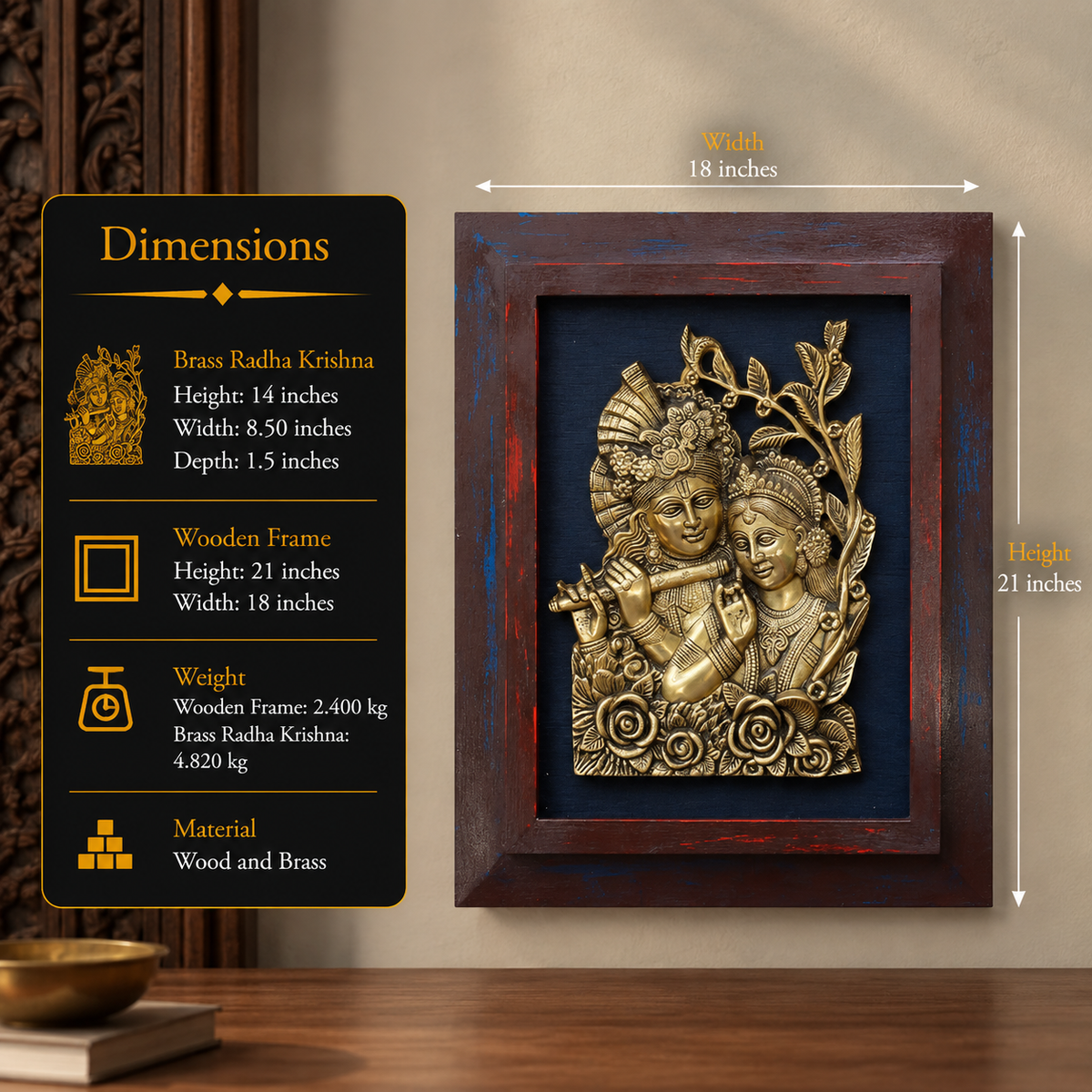 Wooden Frame With Brass Radha Krishna Wall Art