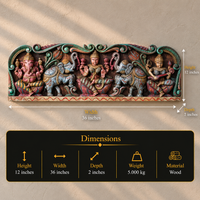 Wooden Hand Carved Wall Panel Gaja Laxmi with Ganesha Saraswati