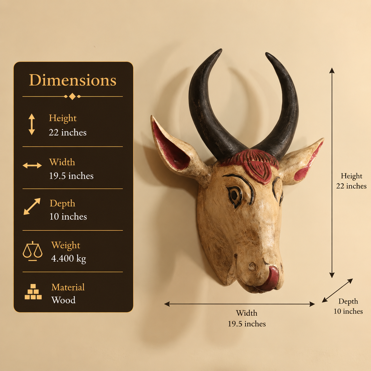 Wooden HandCarved Bull Head Big