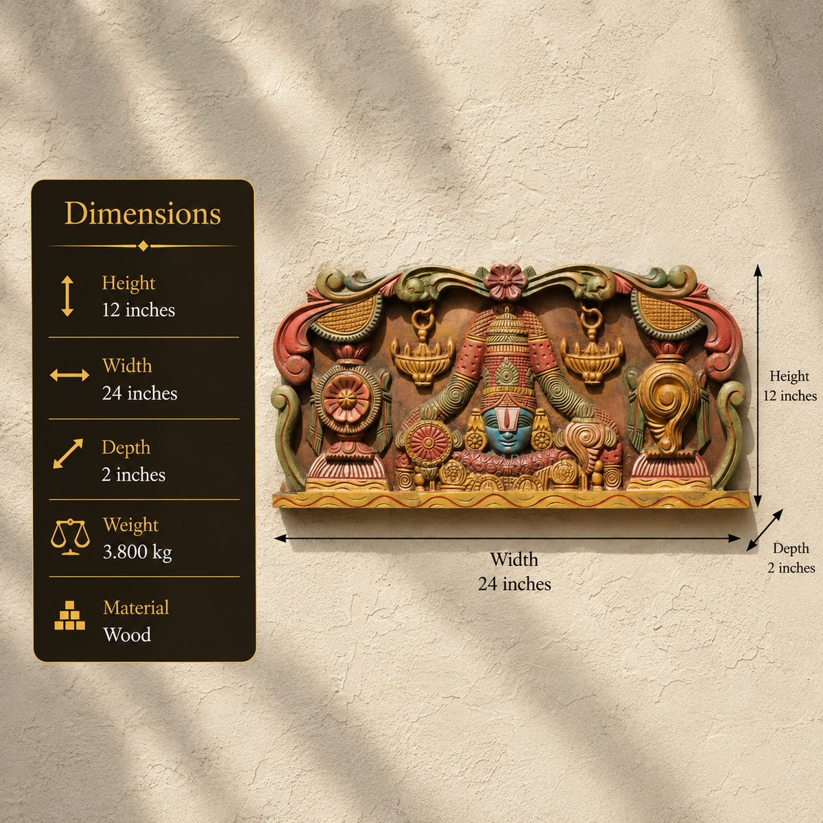 Wooden Hand Carved Wall Panel Balaji -Shankh Chakra
