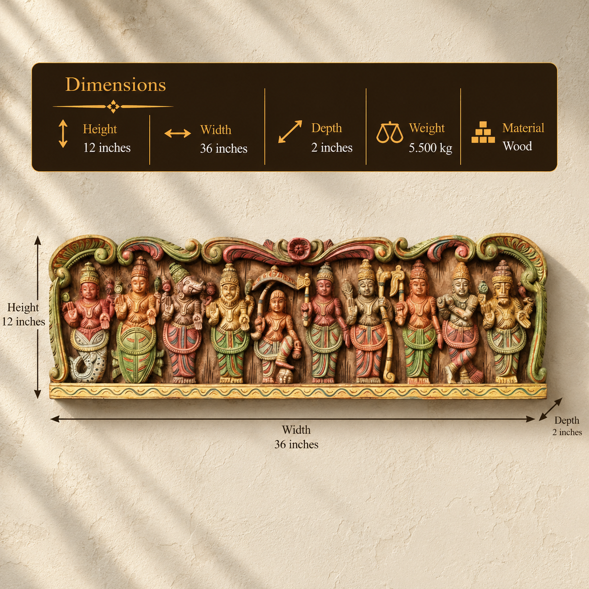 Wooden Handcarved Wall Panel Dasavathar 36"