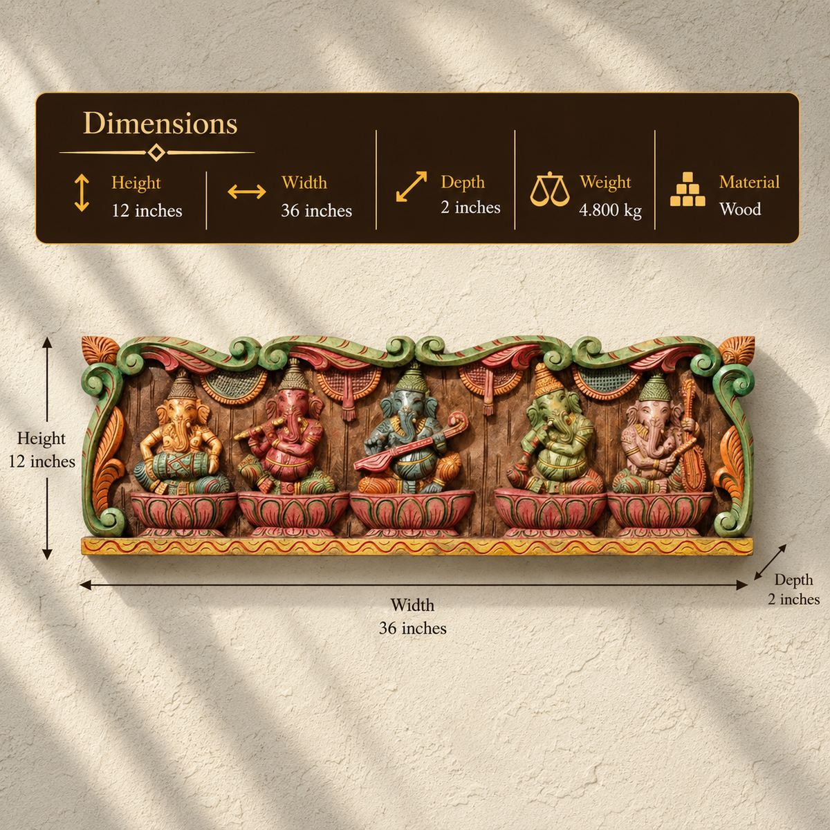 Wooden Hand Carved Wall Panel -Panch Musical Ganesha