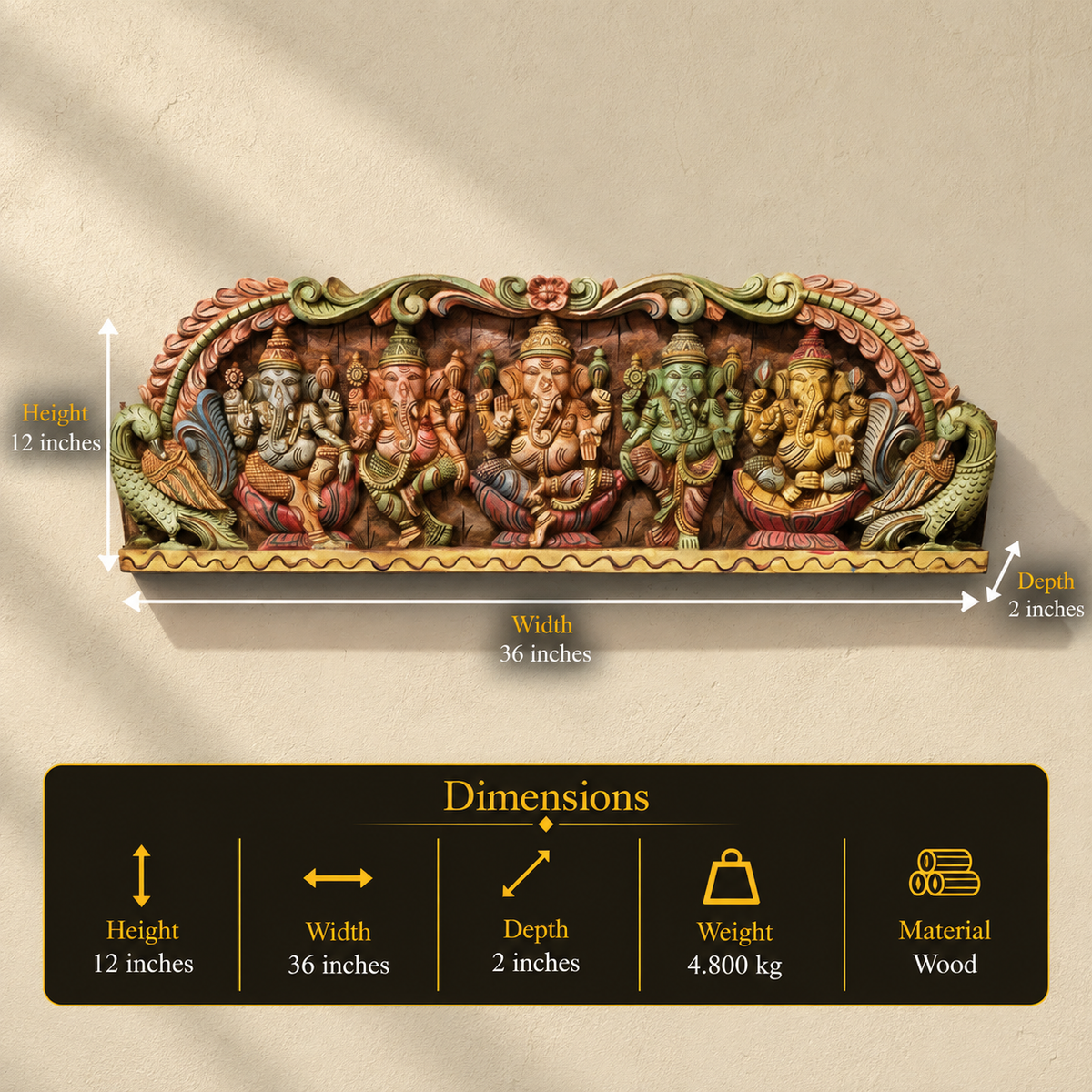 Wooden Hand Carved Wall Panel -Panch Ganesh