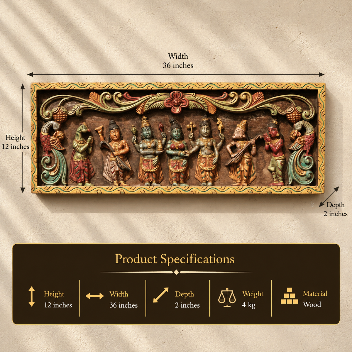 Hand-Carved Wooden Meenakshi Kalyanam Panel 36"