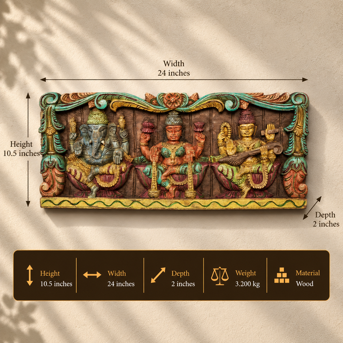 Wooden Hand Carving Wall Panel - Laxmi Ganesh Saraswati 24"