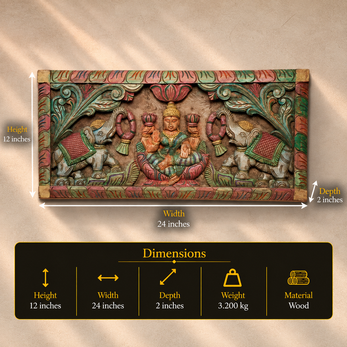 Wooden Hand Carved Wall Panel  -GajaLaxmi 24"