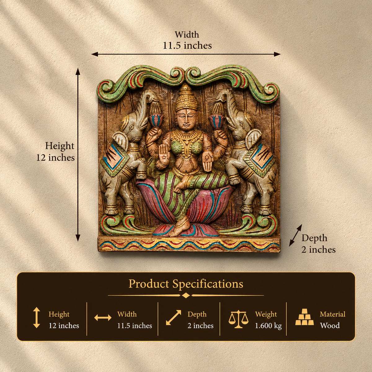 Wooden Hand Carved Wall Panel -GajLaxmi 12"