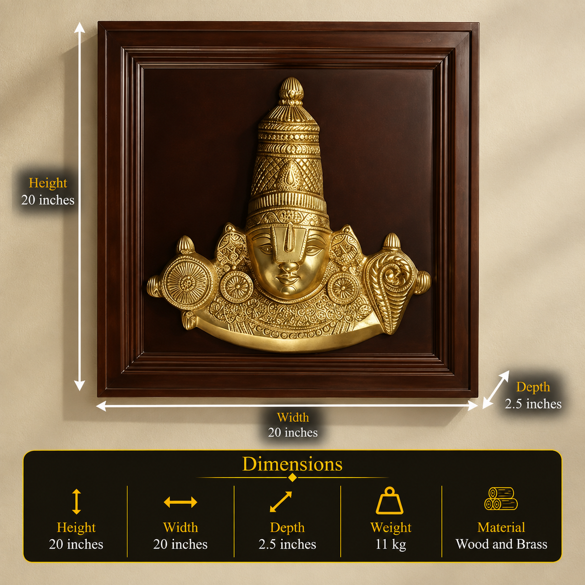 Brass Lord Balaji Bust Wall Hanging With Wooden Frame