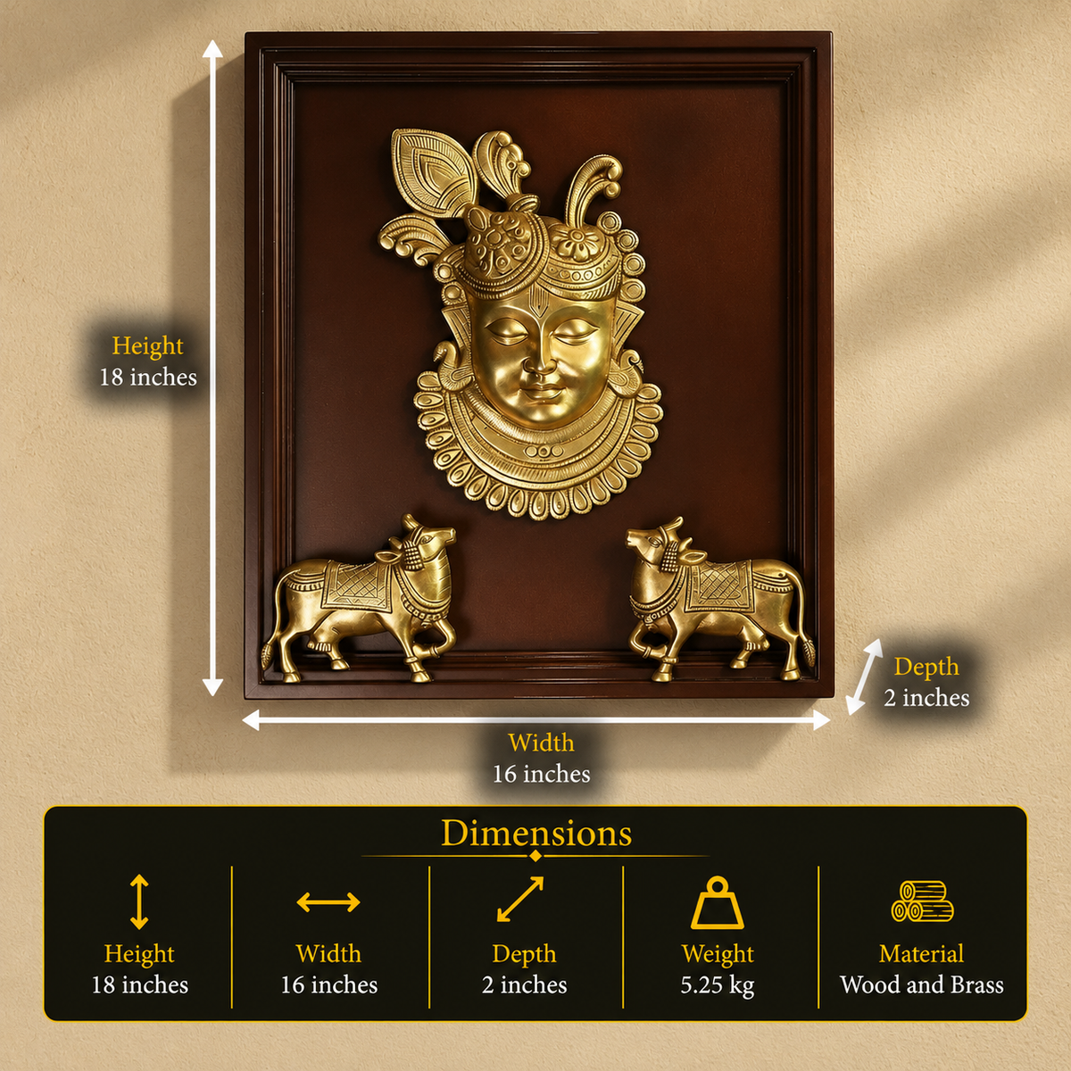 Wooden Framed Brass Shrinathji with Sacred Cows Wall Art