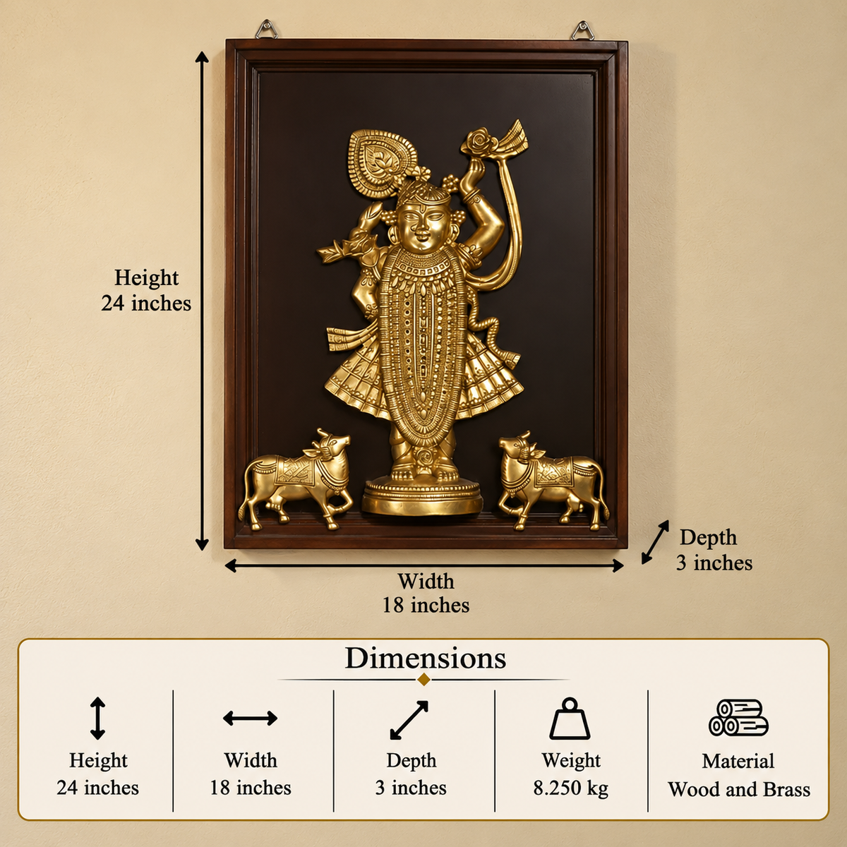 Pichwai-Inspired Brass Shrinathji & Cows With Wooden  Frame