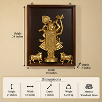Pichwai-Inspired Brass Shrinathji & Cows With Wooden  Frame