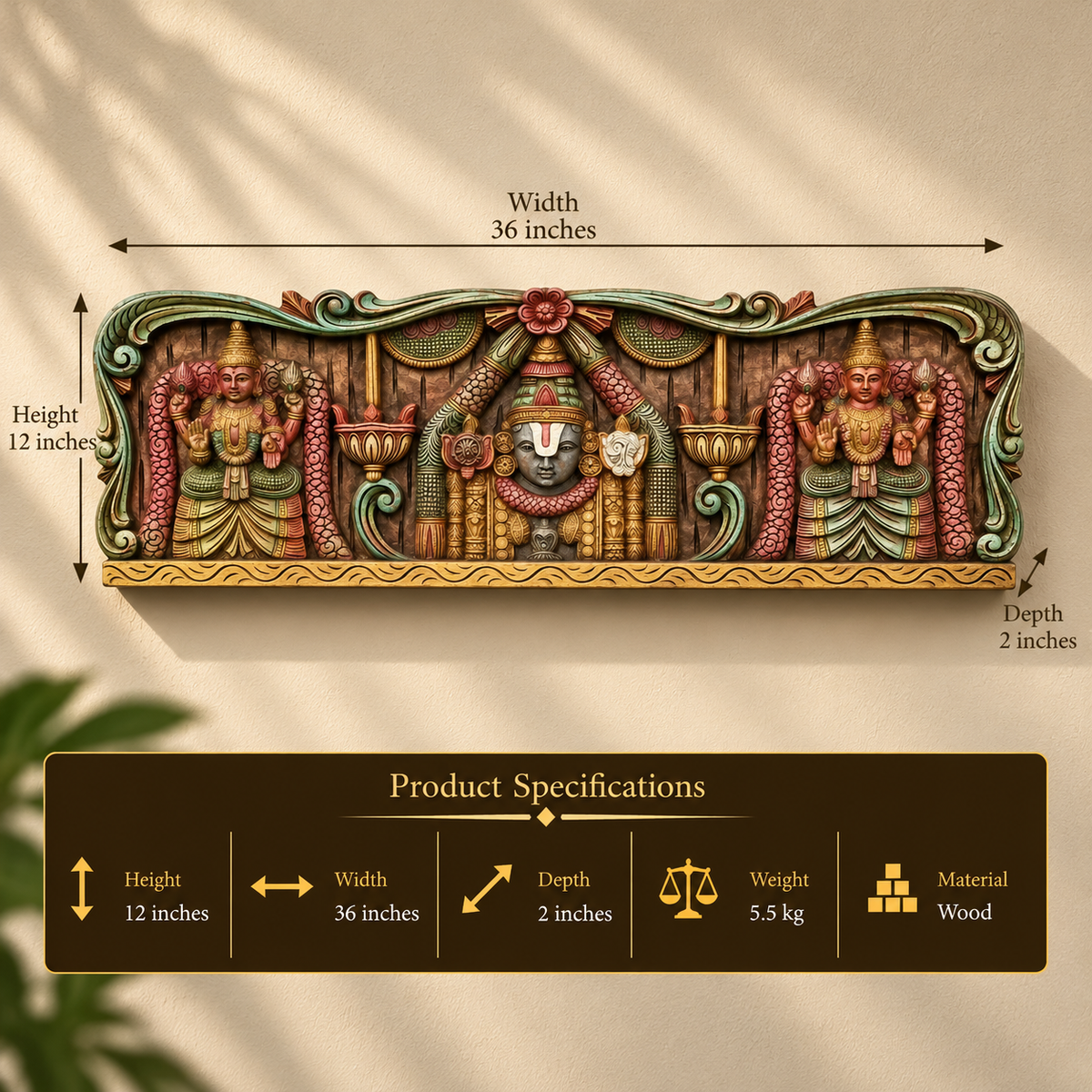 Wooden Wall Panel Balaji And Bhu Devi Sri Devi 36"