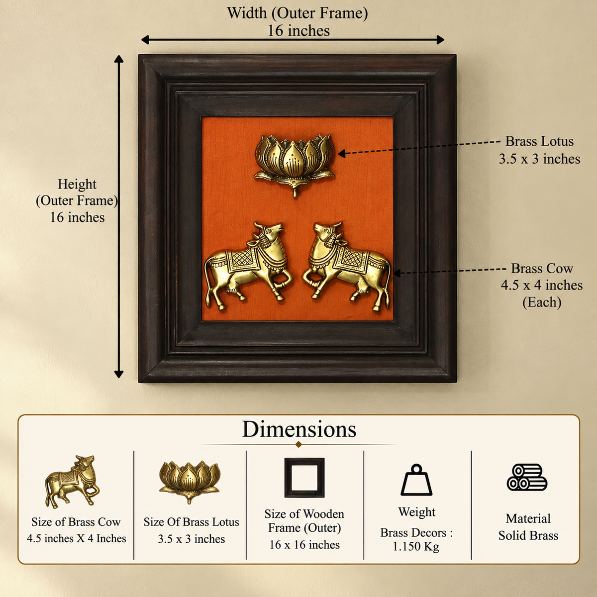 Brass Cow and Lotus In Wooden Frame