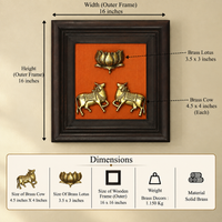 Brass Cow and Lotus In Wooden Frame