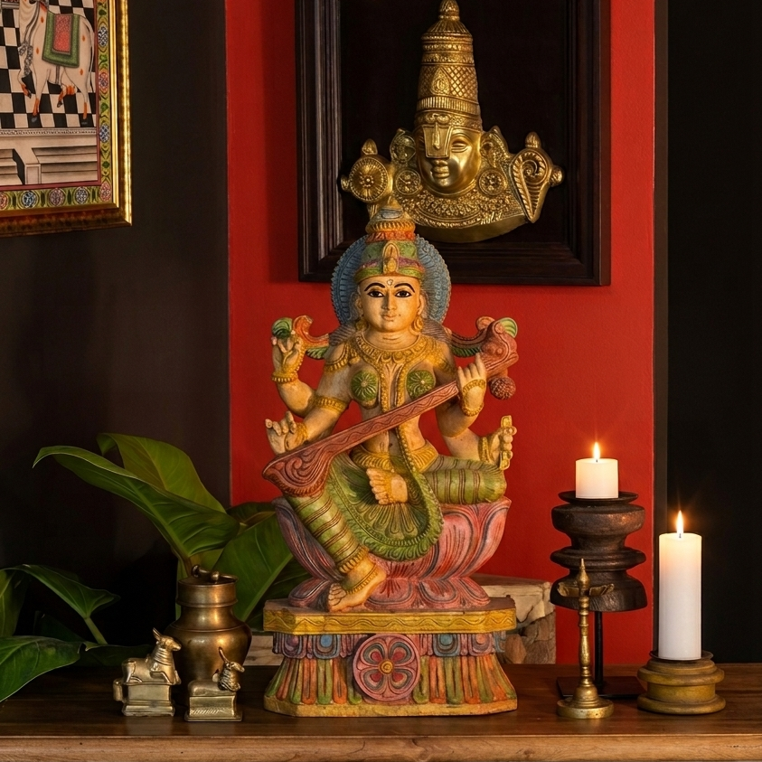 Wooden Saraswati 24"