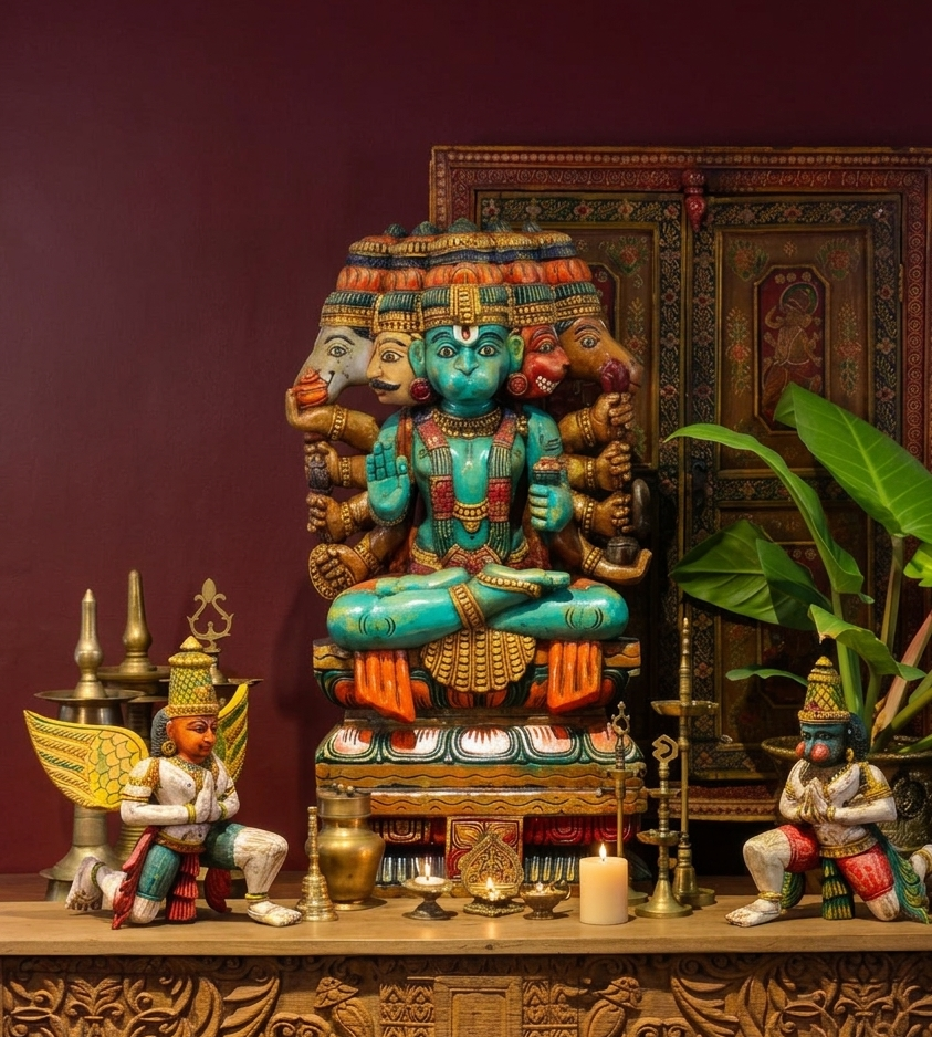 Wooden Panchmukhi Hanuman Idol 37"