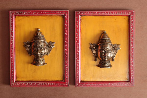 Brass Shiva & Gauri Wall Mask Wooden Frame