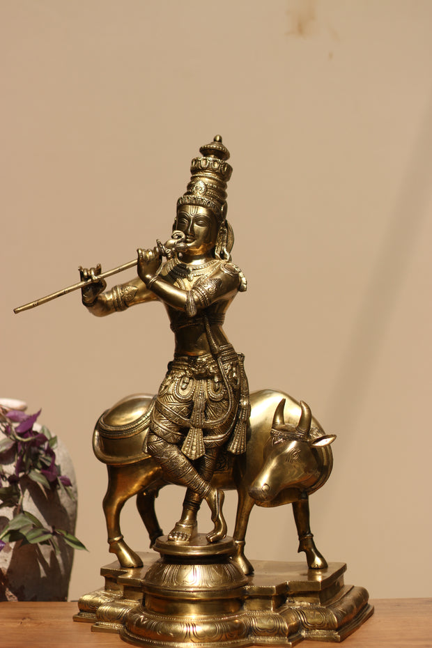 Idol of Brass krishna and Cow Statue 25.5"