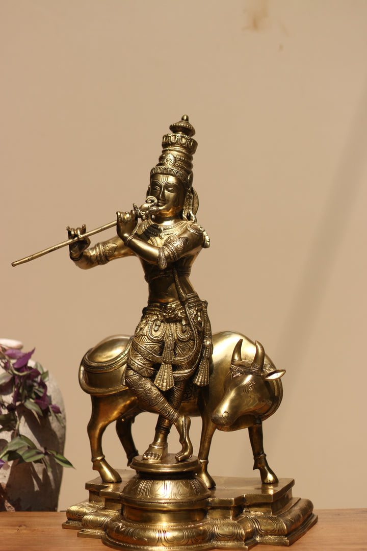Idol of Brass krishna and Cow Statue 25.5"