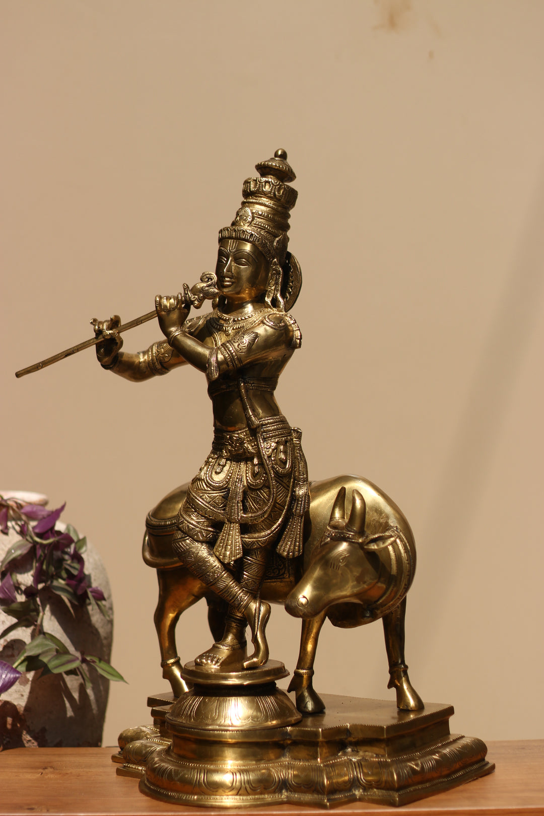 Idol of Brass krishna and Cow Statue 25.5"