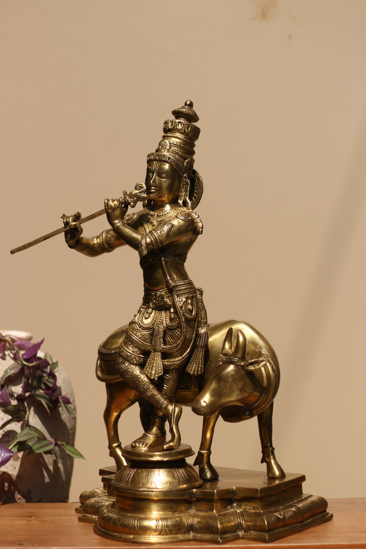 Idol of Brass krishna and Cow Statue 25.5"