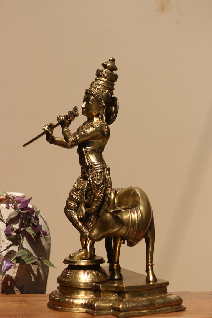 Idol of Brass krishna and Cow Statue 25.5"