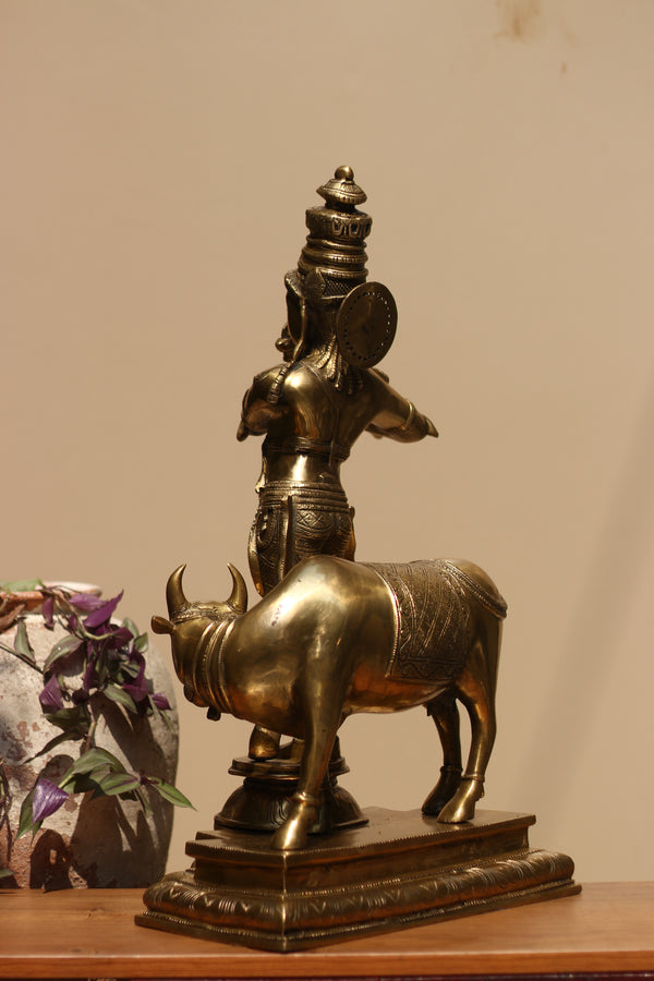 Idol of Brass krishna and Cow Statue 25.5"
