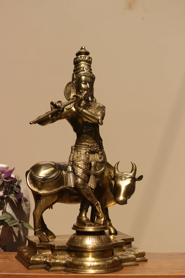 Idol of Brass krishna and Cow Statue 25.5"