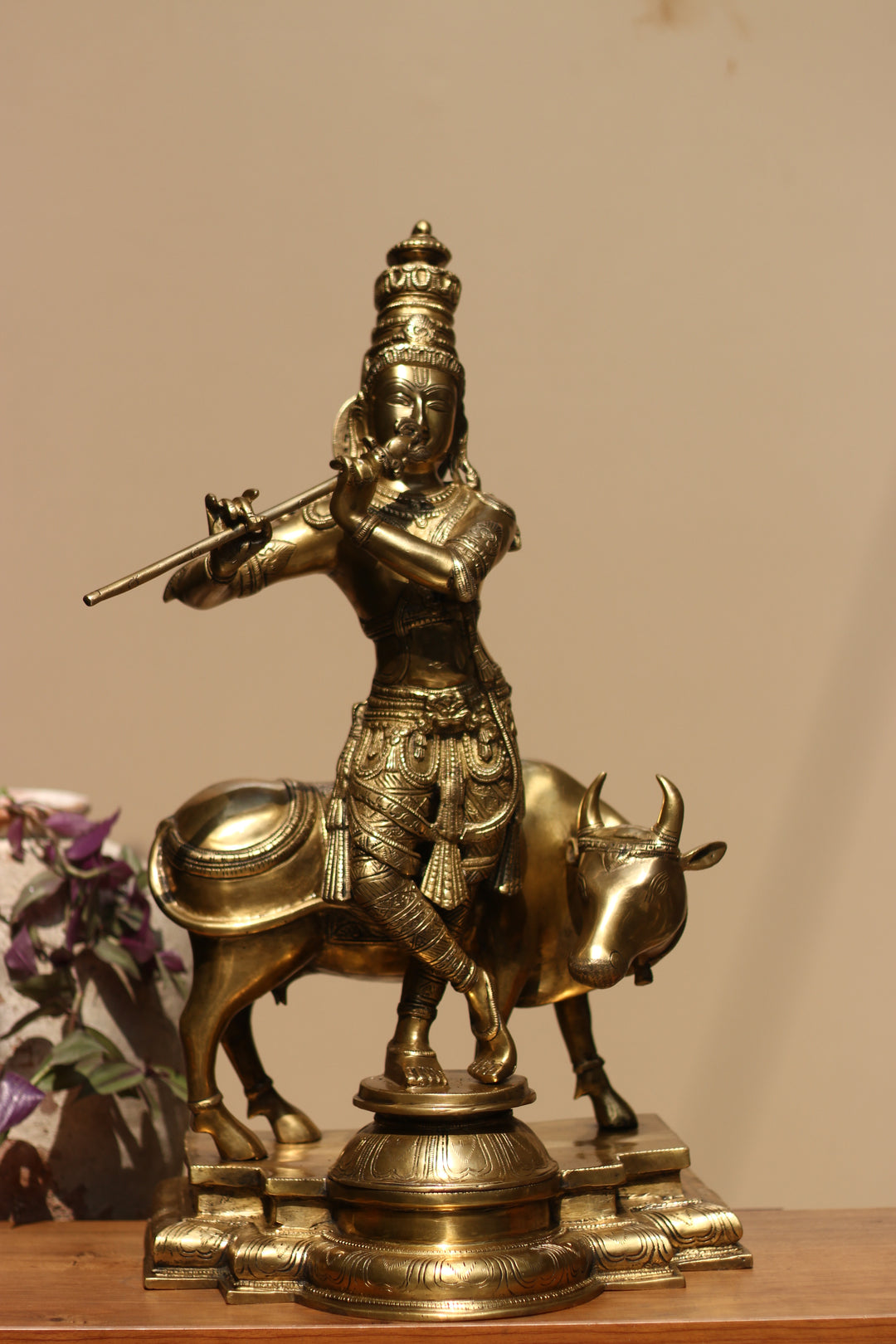 Idol of Brass krishna and Cow Statue 25.5"