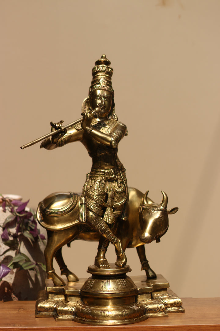 Idol of Brass krishna and Cow Statue 25.5"