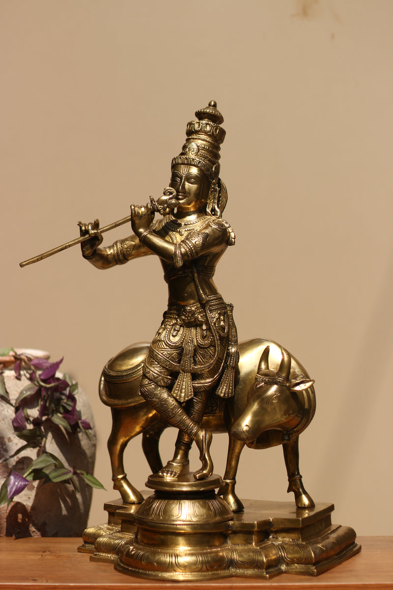 Idol of Brass krishna and Cow Statue 25.5"