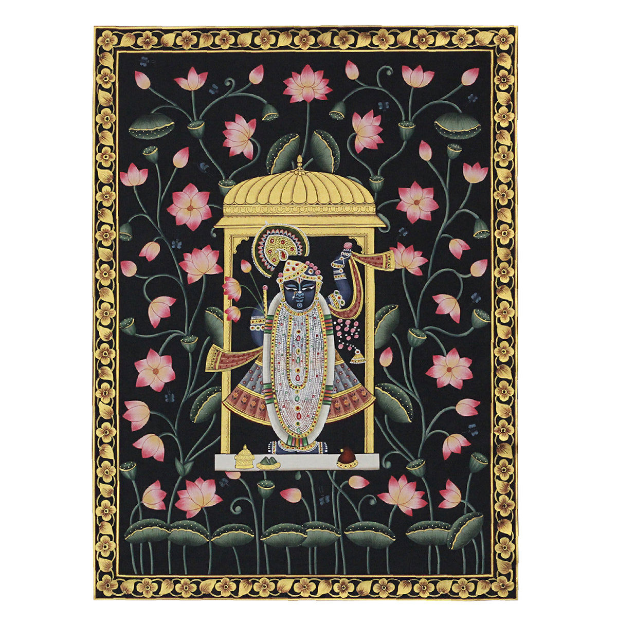 Shrinathji Lotus Pavilion Hand Painted Pichwai Painting | Gold Foil Nathdwara Art