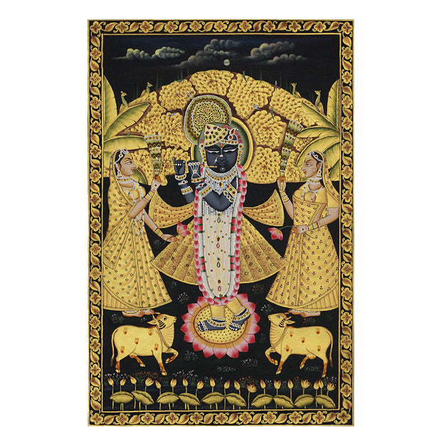Shrinathji Under Kadamba Tree Hand Painted Pichwai Painting | Gold Foil Nathdwara Art