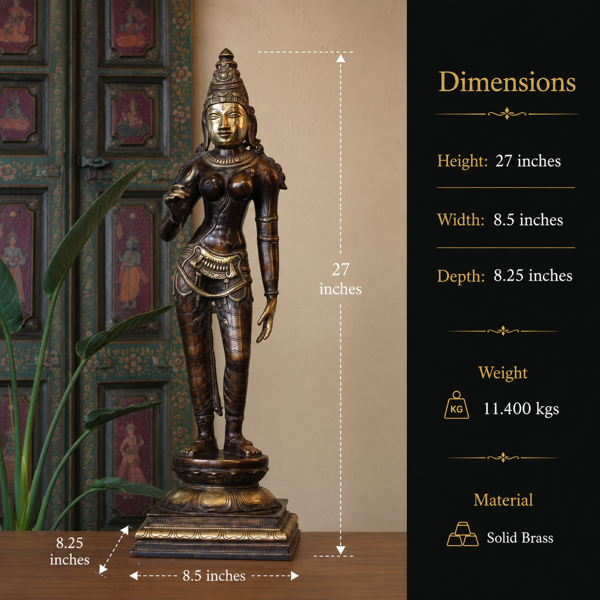 Brass Uma Parvati Sculpture 27" | Chola Inspired South Indian Goddess Statue
