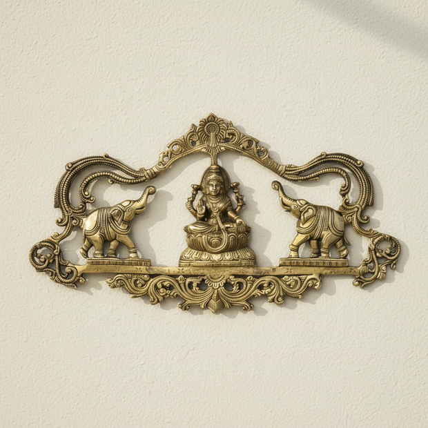 Brass Gaja Lakshmi Wall Panel | Handcrafted Lakshmi with Elephants