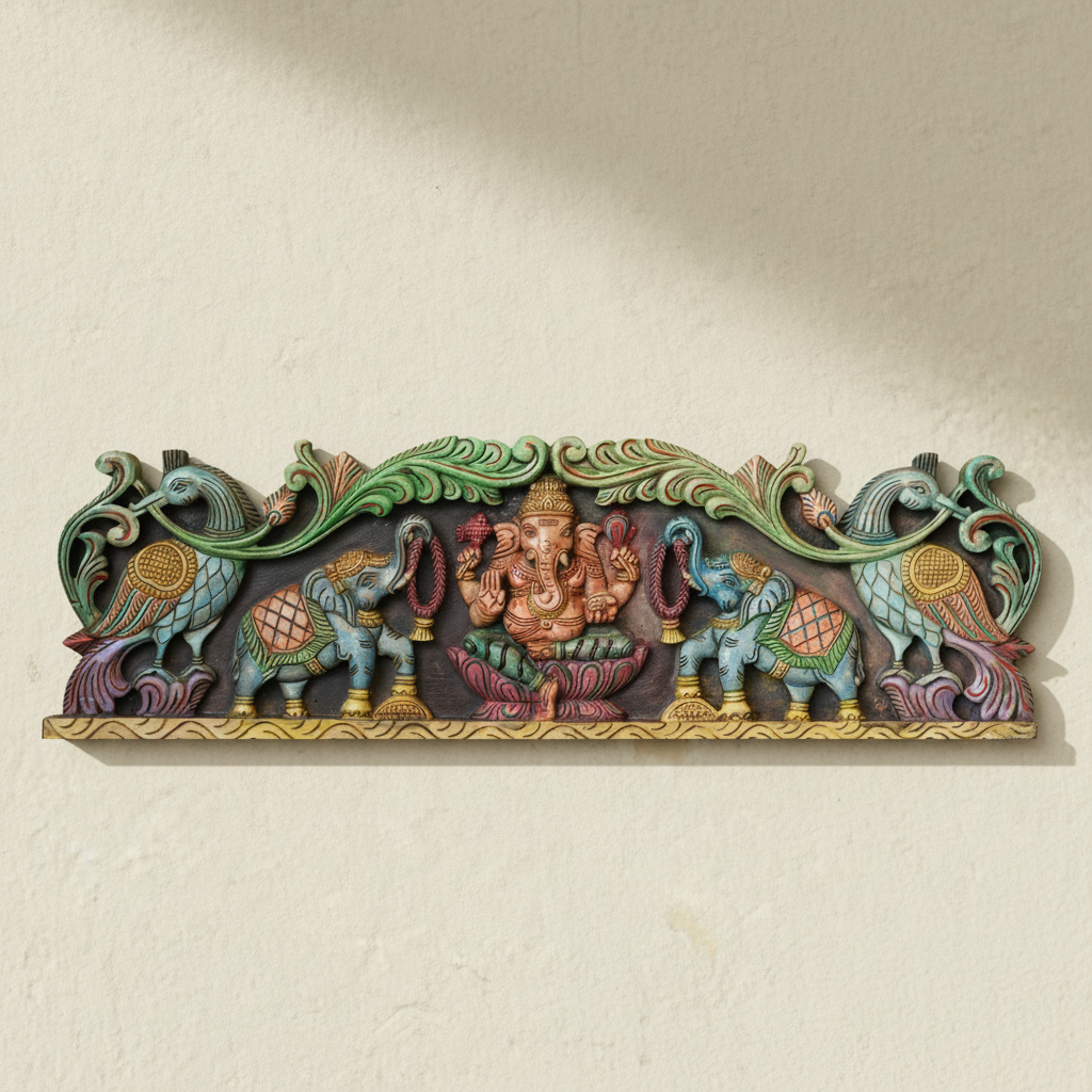 Handcrafted Wooden Ganesha Wall Panel | Traditional South Indian Wall Art