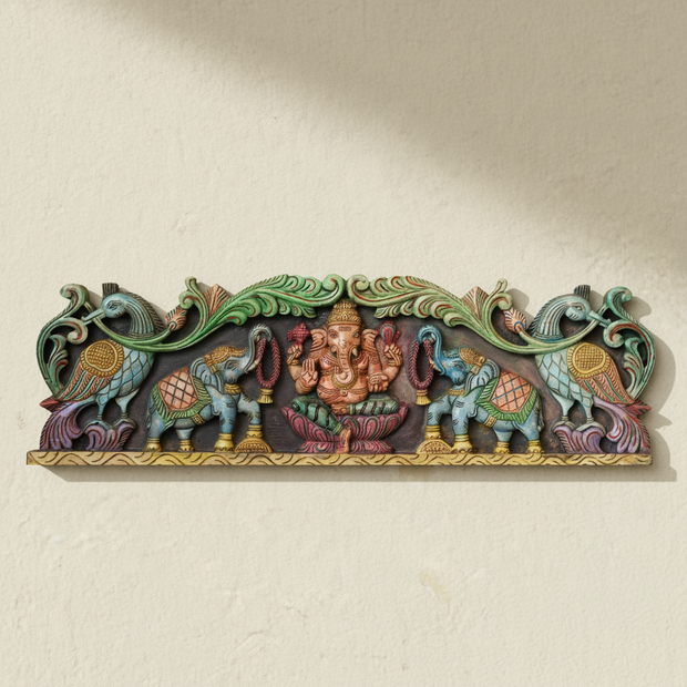 Handcrafted Wooden Ganesha Wall Panel | Traditional South Indian Wall Art