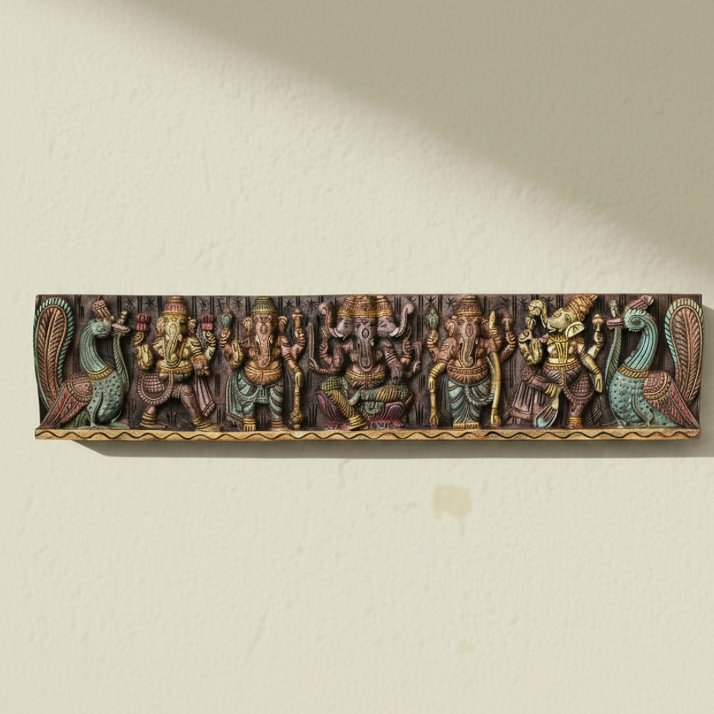 Wooden Hand Carved Wall Panel With Panch Ganesh