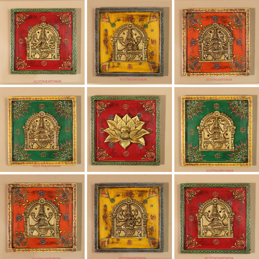Brass Ashta Lakshmi Wooden Frame (Set of 8 Lakshmi and One Lotus)