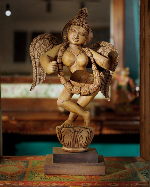Hand-Carved Wooden Winged Angel Figure | Single