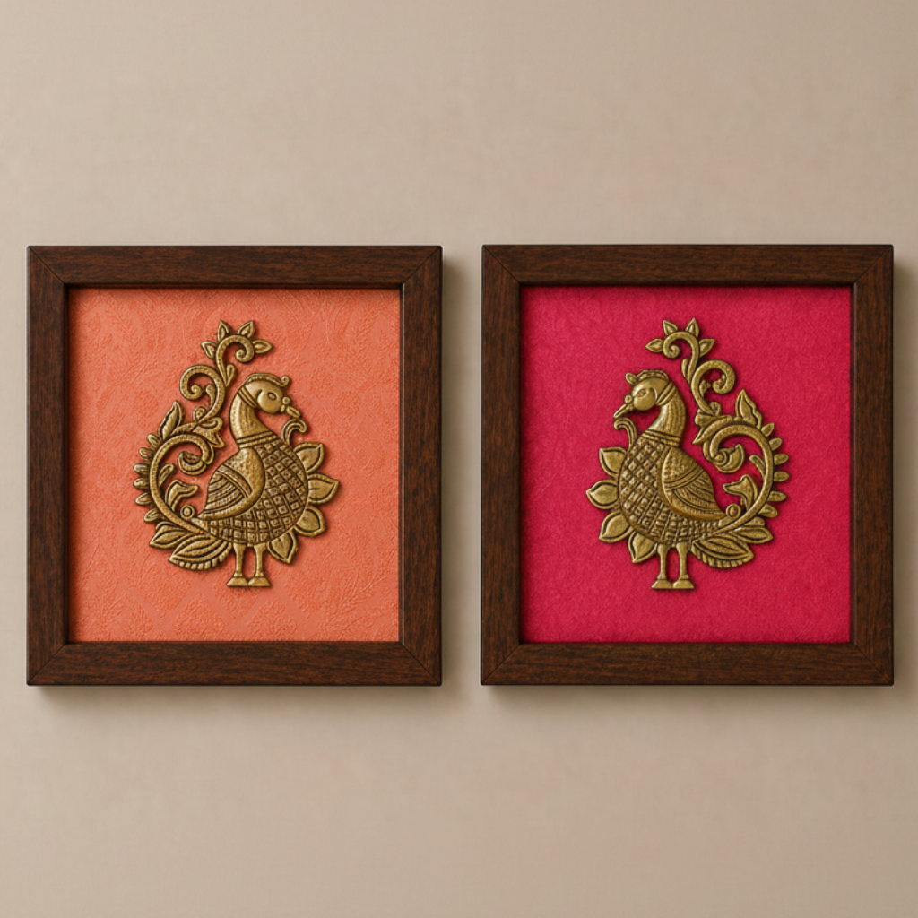 Set of Two Brass Peacock Wall Frames
