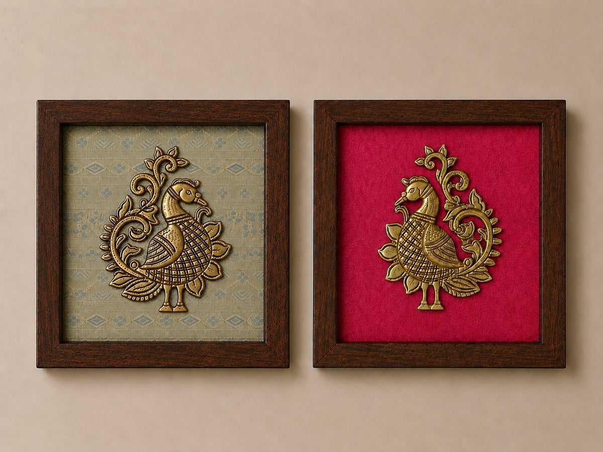 Set of Six Brass Figurines Wooden Wall Frames